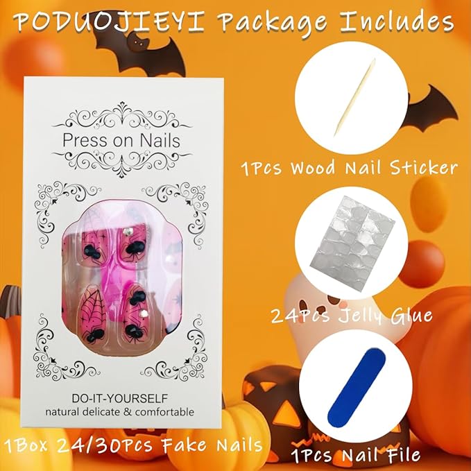 30Pcs Pink Halloween Press on Nails Medium Almond Fake Nails with Bat Spider Web Designs Halloween Full Cover False Nail Heart Rhinestones Glue on Nails 3D Black Spider Acrylic Nail for Women Girls
