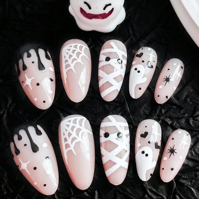 24Pcs Halloween Press on Nails Short Almond Ghost Fake Nails White Spider Web Mummy with Black Bloody Drop Horror Design Full Cover Glue on Nails Cute Ghost False Nails for Acrylic Holiday Manicure