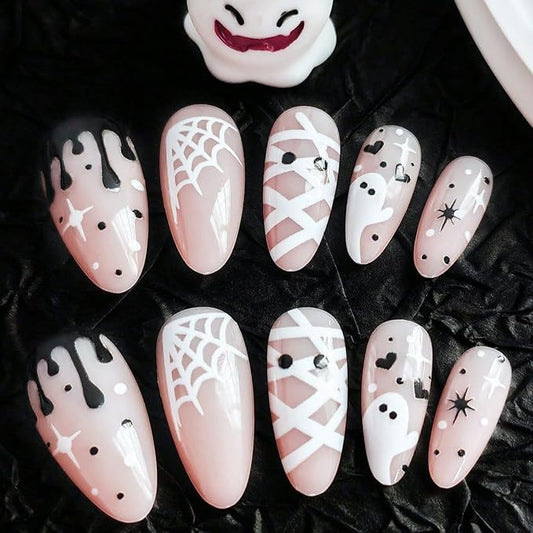 24Pcs Halloween Press on Nails Short Almond Ghost Fake Nails White Spider Web Mummy with Black Bloody Drop Horror Design Full Cover Glue on Nails Cute Ghost False Nails for Acrylic Holiday Manicure