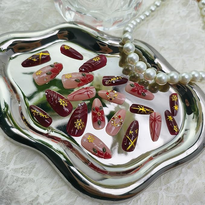 24Pcs Christmas Press on Nails Almond Handmade Fake Nails Snowflake Red Xmas Flower False Nails with 3D Gilding Bow Poinsettia Pearl Wreath Charms Medium Glue on Nails for Women New Year Manicure