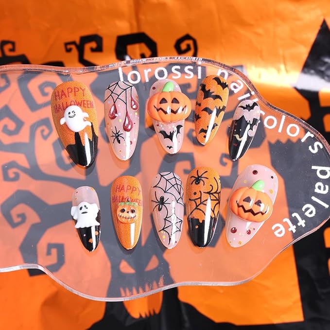 24Pcs Cute Halloween Press on Nails Medium Almond Pumpkin Fake Nails Black Spider Web with Ghost Designs Orange Nails Full Cover Glue on Nail Goth False Nails for Women Holiday Manicure Salons DIY