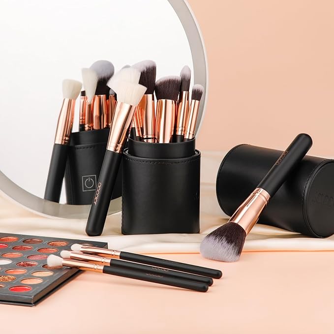 docolor Makeup Brush Set Professional, 15 PCS Black Wood Handle Makeup Brushes, Premium Cruelty-Free Synthetic Fiber Hair, Travel Make up Brushes Set with Case