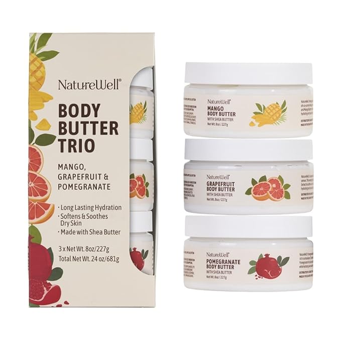 NATURE WELL Shea Body Butter Variety Pack, Includes Grapefruit, Mango, & Pomegranate, Provides Ultimate Nourishment & Hydration, 3 Pack (8 Ounces Each)