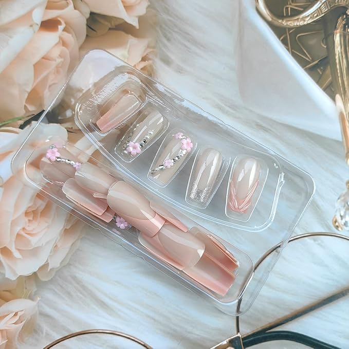 24Pcs French Tip Press on Nails Medium Square Fake Nails 3D Nail Tip Design Glue on Nails Flower Charms Rhinestone Full Cover Luxury Acrylic Nails Nude Pink Artificial False Nails Kits for Women