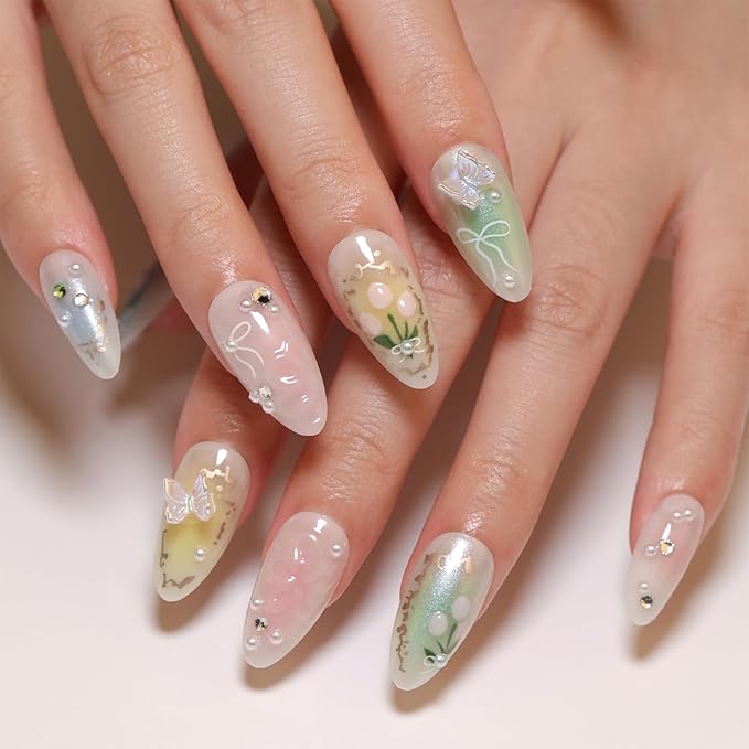 Colorful Press on Nails Medium Almond Fake Nails with 3D Flower Butterfly Designs Muti Colorful Gradient Acrylic Nails False Nails Stiletto Full Cover Glossy Stick on Nails for Women 24Pcs