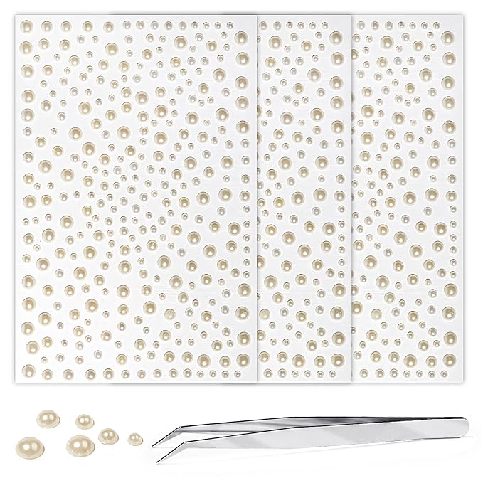 975Pcs Face Gems Hair Gems, Self-Adhesive Face Jewels Eye Jewels Rhinestones 3/4/5/6 mm DIY Face Gems Stick on, Hair Body Rhinestones Gems Crystals Pearls for Face Makeup, Crafts (Pearl_Beige)