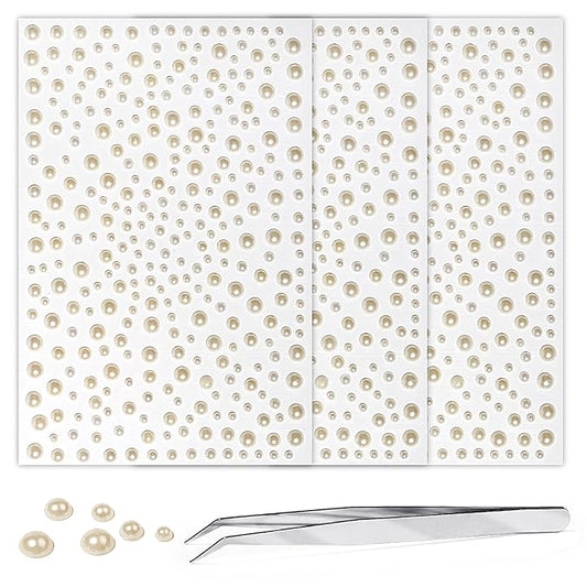 975Pcs Face Gems Hair Gems, Self-Adhesive Face Jewels Eye Jewels Rhinestones 3/4/5/6 mm DIY Face Gems Stick on, Hair Body Rhinestones Gems Crystals Pearls for Face Makeup, Crafts (Pearl_Beige)