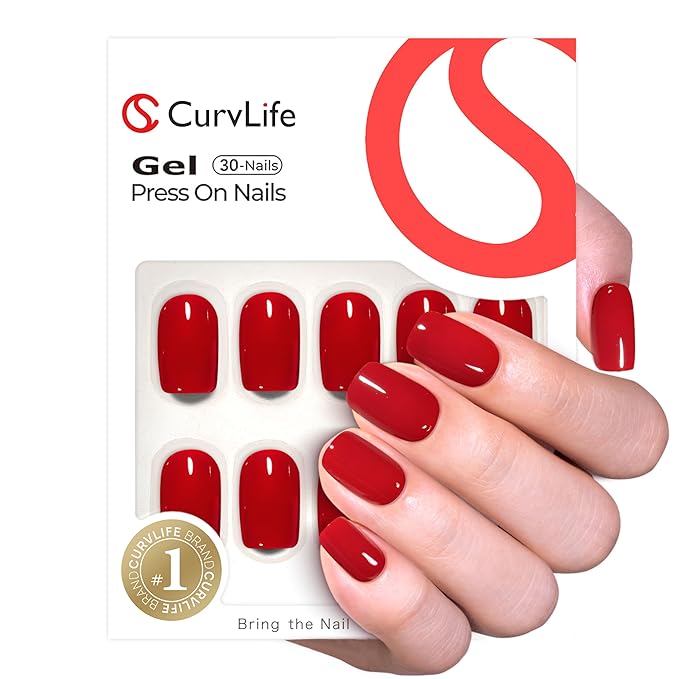 Curvlife Soft Gel Short Press on Nails - Clear Red Square Fake Nails Glossy Design Full Cover 15 Sizes Gel Nails, Women Reusable Nail Kit with Nail Glue Adhesive Tabs