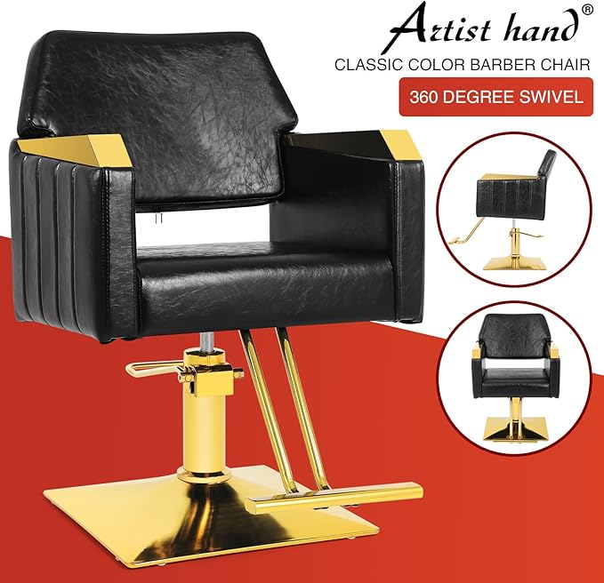 Artist hand Hair Salon Chair, Hydraulic Salon Styling Chair, 360 Degrees Rolling Swivel Barber Chair, Beauty Salon Equipment for Hair Stylist Max Load 330 Lbs, Black and Gold