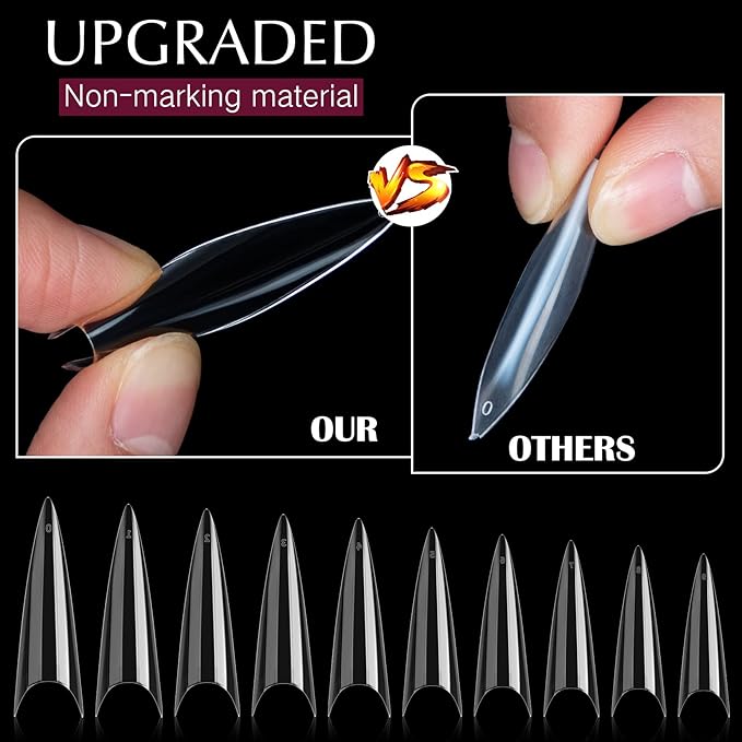 krofaue Extra Long Stiletto Nail Tips - 500PCS False Clear Nais with 10 Sizes Half Cover Pointed Press On Artificial Acrylic for Salon DIY, XL