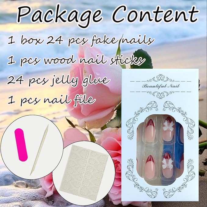 24Pcs Red French Tip Press on Nails Medium Almond Fake Nails with 3D Pearl Valentines False Nails Bow Nails Charms Glue on Nails Glossy Full Cover Stiletto Acrylic Nails for Women Girls Manicure