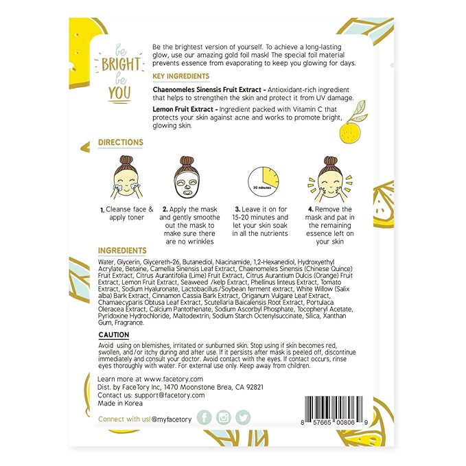 FACETORY K Beauty Face Mask Skin Care - BE BRIGHT BE YOU BRIGHTENING Sheet Mask with Gold Foil & Lemon Fruit | Glowing Gold Brightening Face Mask (1 Pack)