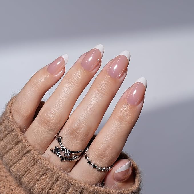 French Tip Press on Nails - White Short Almond Press on Nail, Laser Fake Nails Reusable Nails Press ons for Women, 32 Pieces in 16 Sizes False Nails Kit with Glue, Silva Blanc