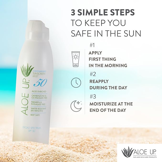 Aloe Up White Collection Continuous Sunscreen Spray SPF 50 Broad Spectrum UVA/UVB Sunscreen Protector for Face and Body with Moisturizing Aloe Vera Gel Reef Safe Coco Mango Fragrance 5.5 Fl. Oz