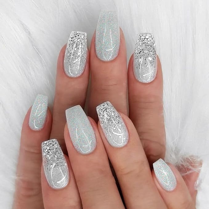 Coffin Press on Nails: Short Acrylic Glitter Sequins Fake Nails Designs - 24 Pcs / 12 Size
