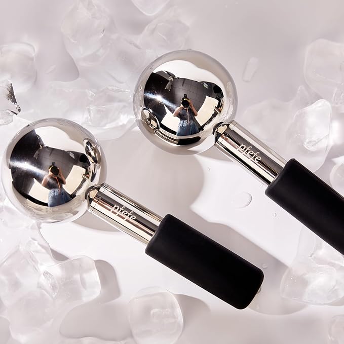 Pfefe 360 Rotating Ice Globes for Face & Eyes, Unbreakable Stainless Steel Cryo Sticks for Beauty Routines, Facials Cold Roller Colling Globes for Puffiness, Wrinkles, Dark Circles, Headaches
