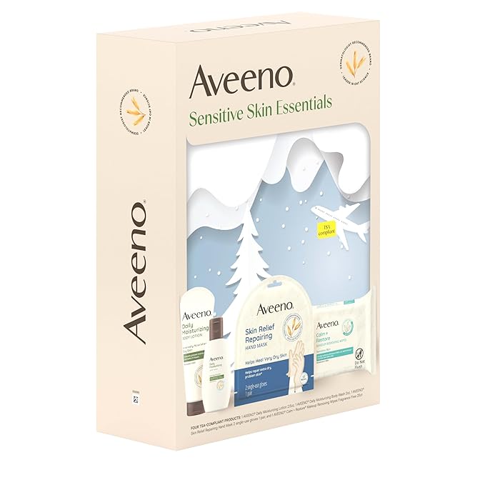 Aveeno Sensitive Skin Essentials Gift Set with Daily Moisturizing Lotion, Daily Moisturizing Body Wash, Calm + Restore Makeup Removing Wipes, & Skin Relief Repairing Hand Mask, 4 items