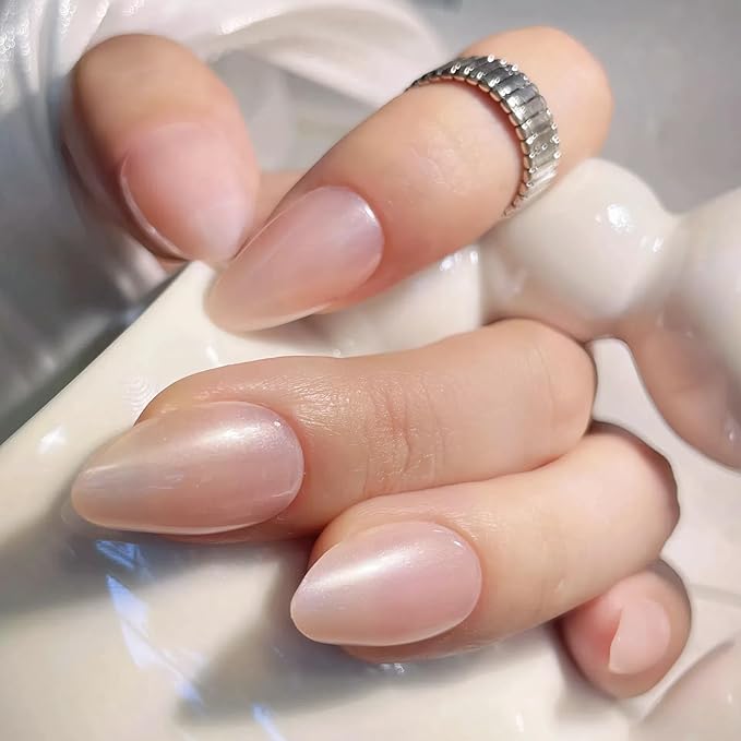 30PCS Short Almond Press-On Nails – Nude Shell Gloss Fake Nails with 15 Sizes, Soft Back Edge & Durable Tip, No Measuring Needed, Reusable Stick-On Nail Tips with Glue & Tools for Women