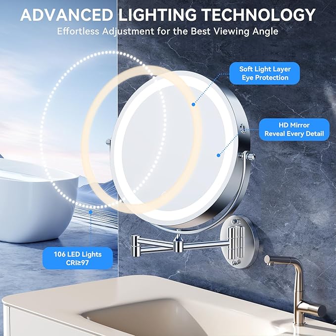10'' 30X/1X Wall Mounted Lighted Makeup Mirror, 5000mAh Rechargeable Double-Sided Magnifying Mirror with Light, LED Vanity Mirror Touch Dimmable 3 Colors 360° Rotation Extended Foldable Arm, Chrome