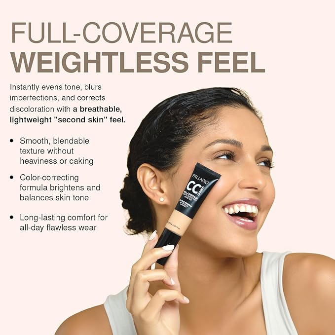 Palladio Full-Coverage Color Correction CC Cream, Oil-Free with Peptides & Vitamin C, Best for Correcting Redness and Uneven Skin Tone, Buildable Foundation Coverage (Fair 11N)