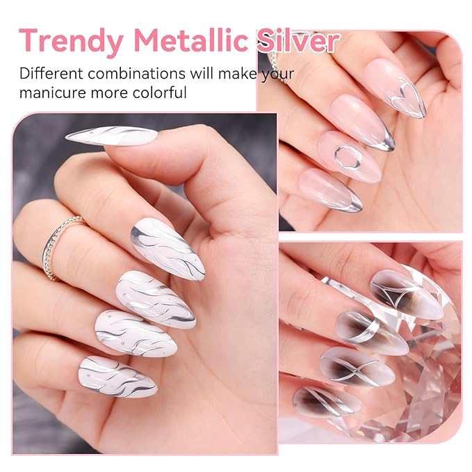 Makartt Metallic Silver Liner Gel Nail Polish: Mirror Chrome Effect Nail Polish with Built in Thin Brush, Soak Off Gel UV/LED for DIY Manicure, Home, and Salon Nail Art Designs 8ml