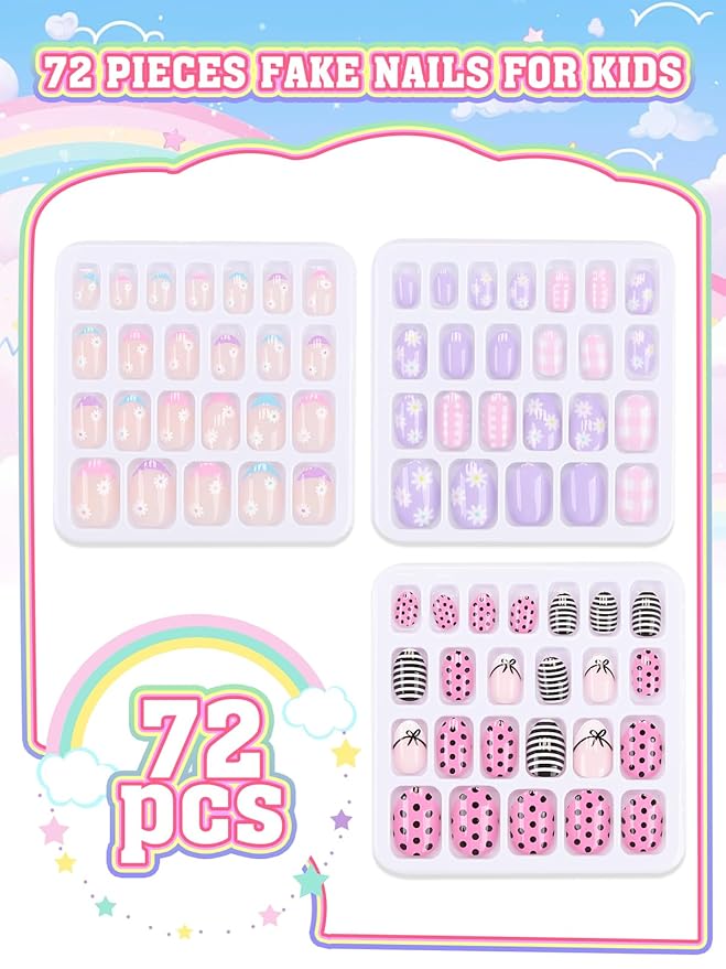 72 Pieces Press on Nails for Kids, EBANKU 3 Pack Kid Fake Nail Kit Purple Flower Black Streak Press on Nails for Girls 7-12 Years with Jelly Nail Adhesives