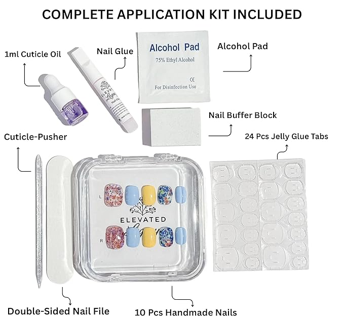 Large-Sunshine Confetti Fake Nails Press-On Manicure Kit for Women | French Tip 10 Nails | Nail Glue, Dual Nail File, Cuticle Stick, Buffer Block | Measure Before Ordering