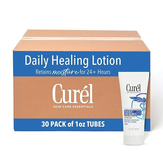 Curel Daily Healing Body Lotion for Dry Skin, Dermatologist Recommended Hydrating Body Lotion with Advanced Ceramides Complex 1 Oz, Pack of 30