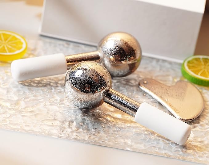 VRAIKO ICE Globes for Facials & Gua Sha Set, Gua Sha Facial Tools and Cryo Sticks with Unbreakable Steel, Face Massager Cooling Rollers for Dark Circles, Puffiness and Lymphatic Drainage (White)