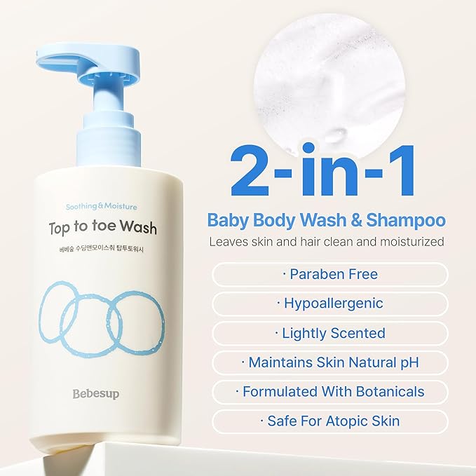 BEBESUP- Head to Toe Wash Baby Shampoo | Korean Skincare for Sensitive & Atopic Skin Organic Rice Cera Biome Hypoallergenic Coconut-Derived Cleanser Head to Toe Use 10.14 fl oz