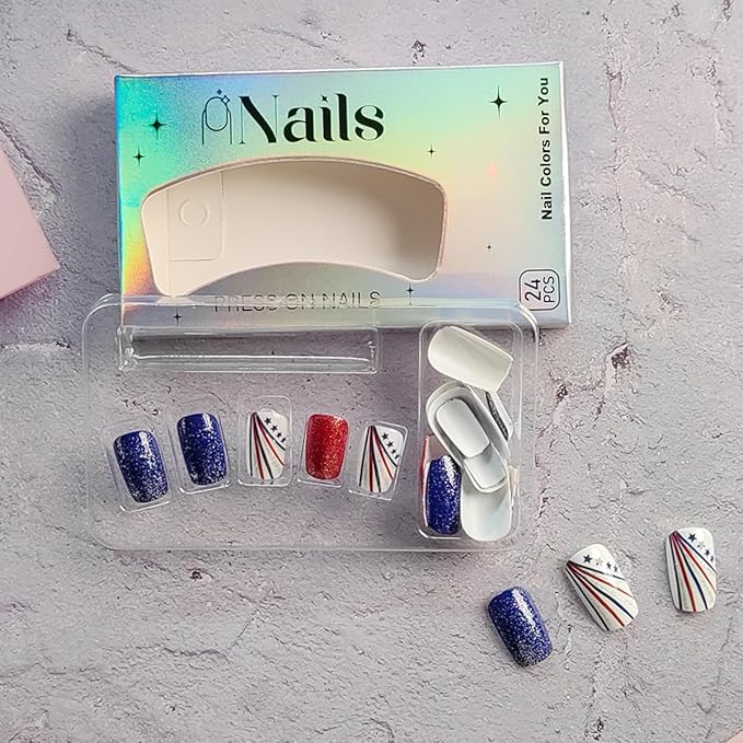 24Pcs Independence Day Press on Nails Medium Square Fake Nails Red Blue Glitter Full Cover False Nails Patriotic Artificial Glue on Nails 4th of July Acrylic Nails Stripe Star Stick on Nails for Women