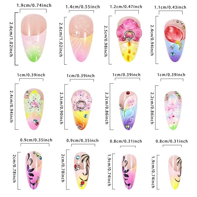 24Pcs 3D Flower Press ons Fingernails Glossy Colorful Medium Almond False Nail French Tips Gel Glue on Acrylic Fake Nails Rhinestones Stick on Nail Leaves Press on Nails for Holiday Manicure Art