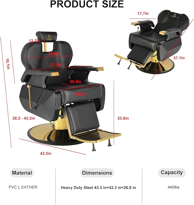 Modern Gold Salon Chair - Hydraulic, Adjustable, 360 Swivel, 440 lbs Capacity, PVC Leather Seat & Backrest
