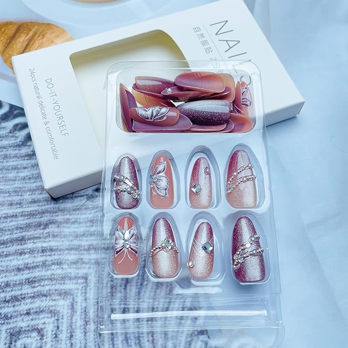 30Pcs Dark Pink Press on Nails Medium Almond Nails 3D Butterfly Pearl Rhinestone Fake Nail Y2K Designs Acrylic Glue on Nails Kit Reusable Artificial Nail Glossy Full Cover False Nail for Women