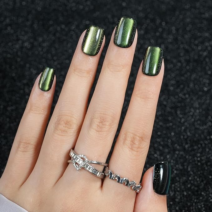 Cat Eye Press on Nails Short, Jofay Fashion Olive Green Press on Nails, Soft Gel Fake Nails, Reusable & Natural Acrylic False Nails, Stick on Nails for Women Girls Gift, Glue on Nails Kit 32Pcs