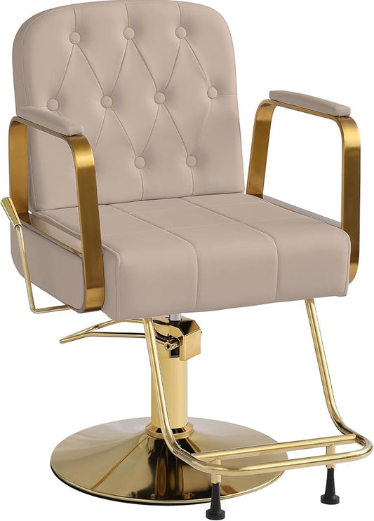 Barber Salon Chair for Hair Sylist, Hydraulic Salon Chairs, Height Adjustable Barber Chairs, Reclining Barber Styling Chairs, 360 Degrees Rotation Shampoo Chair for Barbershop (Grey-Golden)