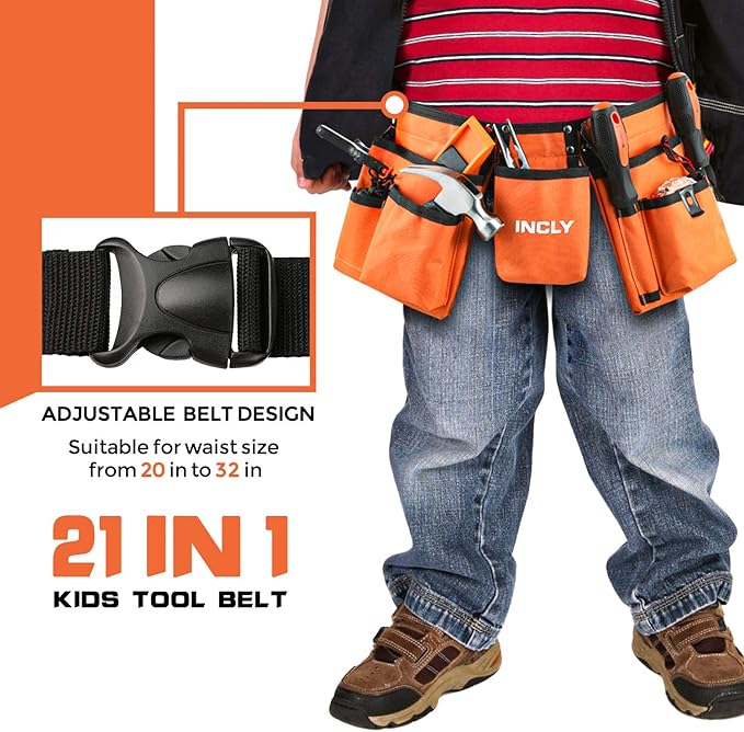 INCLY 18PCS Real Tool Set with Reinforced Belt, Adjustable Waist 20"-32", Real Hand Tools Kit Construction Learning Tools Hammer Screwdriver for Home DIY Building & Woodworking