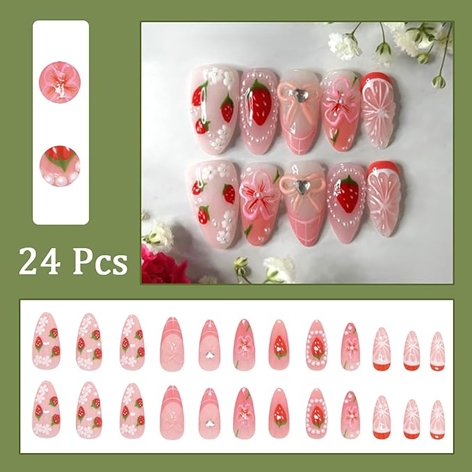 24Pcs Cute Strawberry Press on Nails Medium Almond Fake Nails with Pearl Rhinestone Stick on Nails Full Cover Pink French Tip Acrylic Nails Reusable Fall Flower False Nail Tips for Women Nail Design