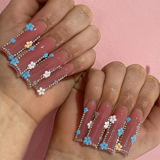 Long Press on Nails Square Fake Nails Rhinestone False Nails with Blue Flowers Artificial Nails Stick on Nails for Women 24pcs