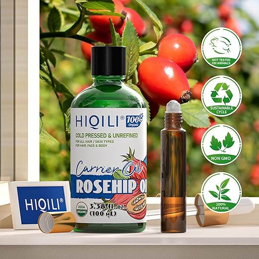 HIQILI 3.38 Fl Oz Organic Rosehip Seed Oil for Face, 100% Pure and Natural, Cold Pressed, Carrier Oil for Skin, Hair & Nails - Women & Men