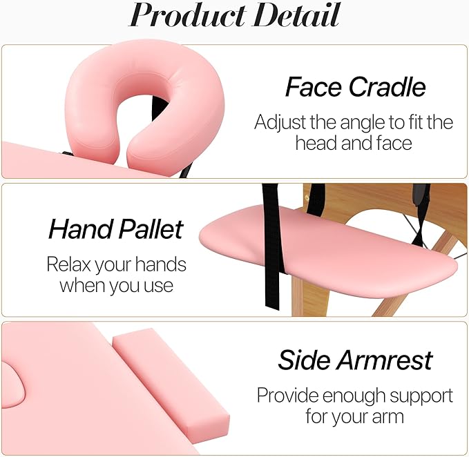 Massage Table Massage Bed, Portable 3 Section Foldable Tattoo Bed, Height Adjustable Lash Spa Bed with Face Cradle, Home Light Weight Facial Salon Bed with with Wood Frame, Light Pink