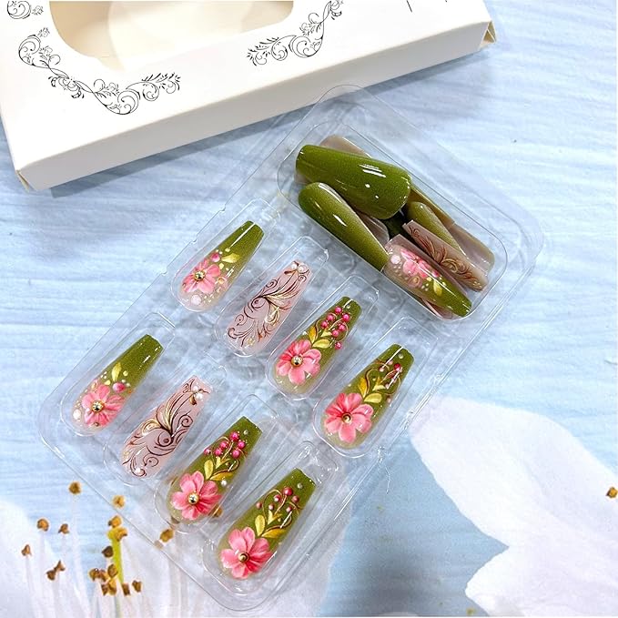 Pink Flower Press on Nails Medium Length Ballet Shaped Spring Summer Green French False Nail Press Ons with Design Pearl Stick on Nails Full Cover Artificial Acrylic Nail for Women Manicure Decoration
