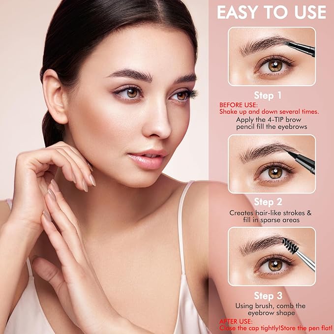 Eyebrow Pencil,2-in-1 Waterproof Eyebrow Pen with 4 Tip Brow Pen and Ultra-Precise Brow Pencil,with Dual-ended Eyebrow Brush,Eyebrow Makeup for Natural Looking Eyebrows-Dark Coffee