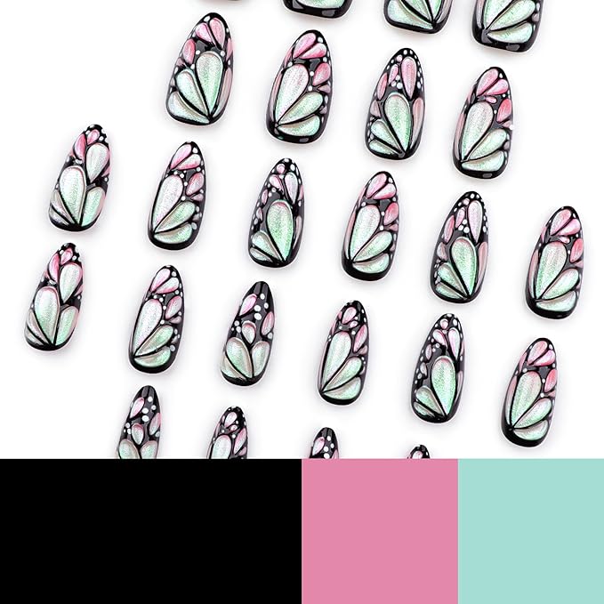 3D Butterfly Wing Press On Nails Almond - 24PCS Pink Iridescent Medium Fake Nails with Design, Glossy Reusable Stick On Nails for Women, Cute Nail Art for DIY, Party, Daily Wear
