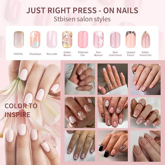 Almond Press On Nails Short, Pink Fake Nails with Elegantly Crafted Gold French Tips, Glossy Gel Finish, Thick Natural Reusable Glue On Nails Kit for Women 24Pcs, Golden French Chic