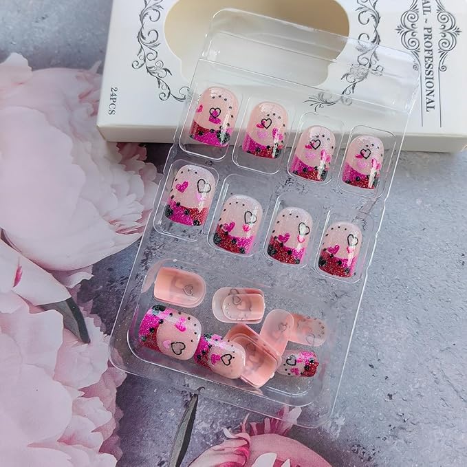 24Pcs Valentines Nails French Tip Press on Nails Short Square Fake Nails Glitter Love Heart Design Valentine's Day False Nails Full Cover Cute Glue on Nails Nude Pink Acrylic Stick on Nails for Women