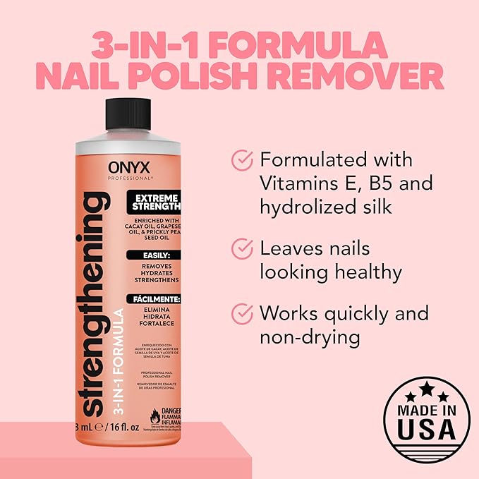 Onyx Professional 3-in-1 Strengthening Nail Polish Remover with 7 inch Nail File, 16 fl oz - Removes Nail Polish, Hydrates, Strengthens Nails | Infused with Grapeseed Oil, Cacay Oil, Cactus Seed Oil