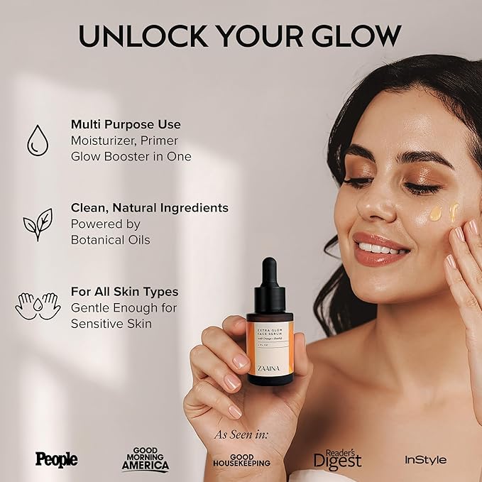 ZAAINA Extra Glow Face Serum - Natural Hydrating Glow Face Oil, Moisturizing Lightweight Oil for Dry, Dull & Sensitive Skin, Ayurvedic Moisturizer & Natural Primer for Makeup for all Skin Types - 1 oz