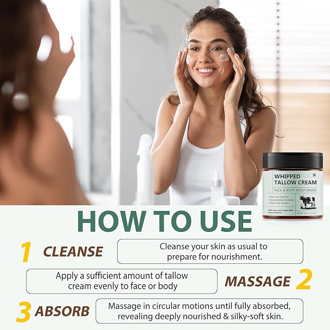 4.2oz Grass Fed Beef Tallow for Women and Girls, Organic Grass Fed and Finished Tallow For Skin - Face & Body(Unscented)