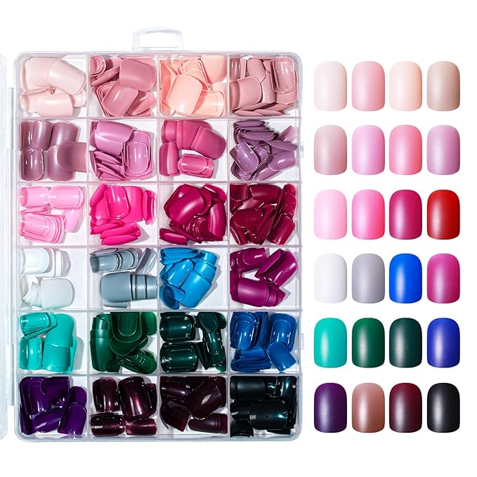 Press on Nails, 24 Colors 576PCS Short Square False Nails with 12 Sizes, Full Cover Press on Nails for Women, Lightweight Matte Natural Fake Nails for Nail Art Design